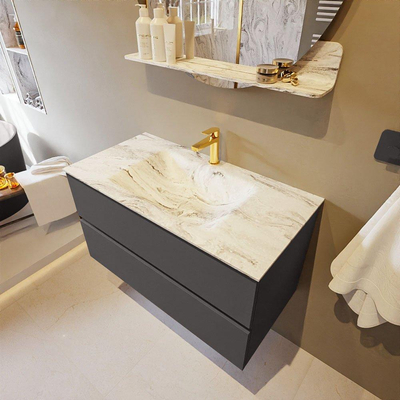 Mondiaz VICA-DLUX Ensemble de meuble de salle de bain - 90cm - meuble sous-vasque gris foncé - 2 tiroirs - lavabo encastré nuage milieu - 1 trou de robinet - version haute de 60cm - glace