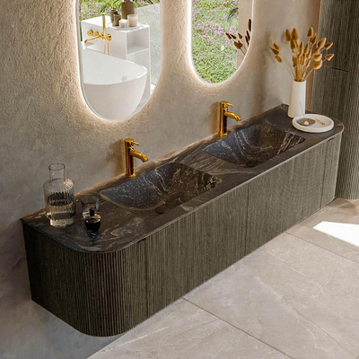 Mondiaz KURVE-DLUX Badkamermeubelset - 180x46x40cm - 2 lade - 2 deuren - wastafel solid surface - dubbel - 2 kraangaten - Shadow