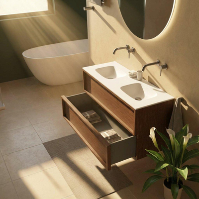 Saniclass Holz Frame Ensemble meuble de salle de bains - 120x45x61.5cm - Flow lavabo en solid surface blanc - 2 vasques - sans trous de robinet - 2 tiroirs - noyer pure mat (bois)