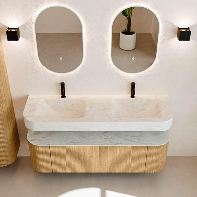 MONDIAZ THOR-DLUX 150cm badmeubel ronding links + rechts kleur Oak met 1 lade en 2 deuren. Vrijhangende wastafel CLOUD Dubbel 2 kraangaten kleur Opalo.