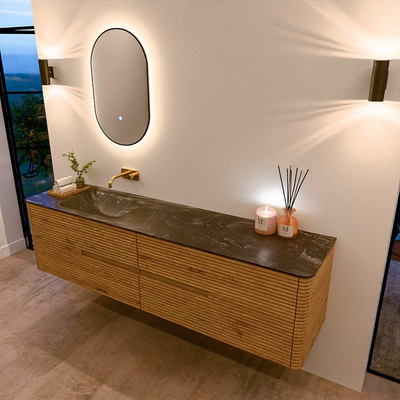 Mondiaz CIRO-DLUX Ensemble de meubles de salle de bains - 190x45x50cm - Plan-vasque solid surface Lava - 1 vasque à gauche - sans trous de robinet - 4 tiroirs - Chêne