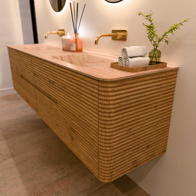 Mondiaz CIRO-DLUX Badkamermeubelset - 190x45x50cm - Solid surface wastafel Saba - 2 wasbak Dubbel - zonder kraangaten - 4 lades - Oak