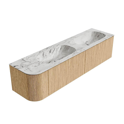 MONDIAZ KURVE-DLUX 175cm Meuble salle de bain avec module 25 G - couleur Oak - 2 tiroirs - 1 porte - vasque STOR SMALL double / droite - 2 trous de robinet - couleur Glace