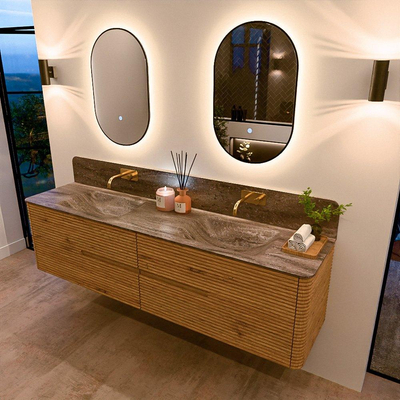 Mondiaz CIRO-DLUX Badkamermeubelset - 190x45x50cm - Solid surface wastafel Oza - 2 wasbak Dubbel - zonder kraangaten - 4 lades - Oak