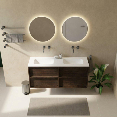 Saniclass Holz Frame Ensemble de meubles de salle de bains - 140x45x61.5cm - Lavabo Flow en solid surface blanc - 2 vasques - sans trous de robinetterie - 4 tiroirs - chêne charcoal mat (bois)
