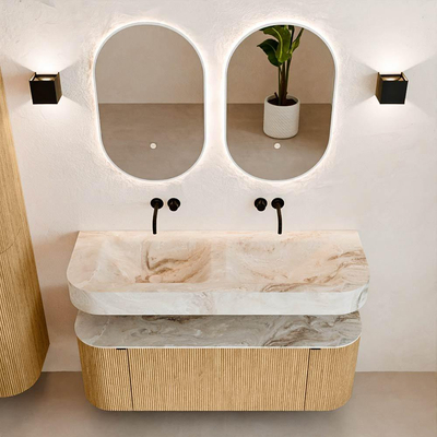 MONDIAZ THOR-DLUX 130cm badmeubel ronding links + rechts kleur Oak met 1 lade en 2 deuren. Vrijhangende wastafel CLOUD Dubbel zonder kraangat kleur Frappe.
