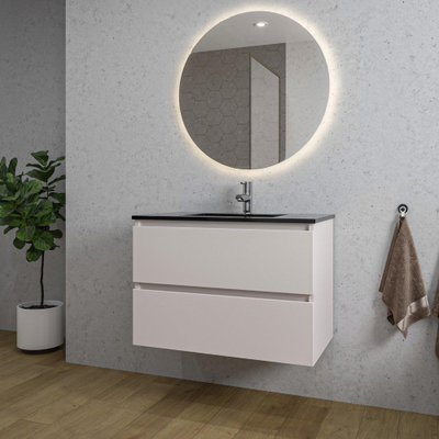 Saniclass Chaci Ensemble meuble de salle de bains - 80x46x55cm - vasque en céramique noire - 1 lavabo - 1 trou de robinet - 2 tiroirs - miroir rond avec éclairage - cotton mat (beige)