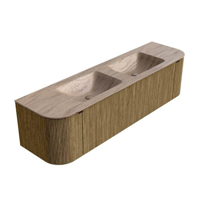 MONDIAZ KURVE-DLUX Meuble de salle de bains 170cm arrondi Gauche + Droite couleur Dusk avec 1 tiroir et 2 portes. Lavabo LEAF Double sans trou de robinet Saba.