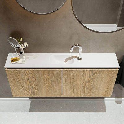 MONDIAZ TURE Kit lave-mains - 120x23x50cm - 1 trou de robinet - 2 portes - chêne blanchi mat - Lavabo centré - Solid Surface Blanc
