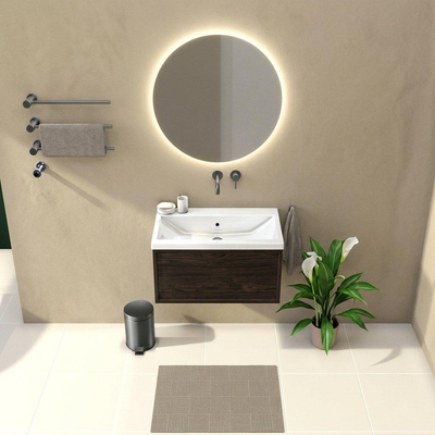 Saniclass Holz Frame Ensemble de meubles de salle de bains - 80x45x43.5cm - Lavabo Bari en céramique blanc - 1 vasque - sans trou de robinetterie - 1 tiroir - chêne charcoal mat (bois)
