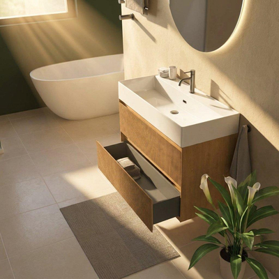 Saniclass Holz Atelier Ensemble meuble de salle de bains - 100x45x72cm - Legend lavabo en céramique blanc - 1 vasque - 1 trou de robinet - 2 tiroirs - chêne natural mat (bois)