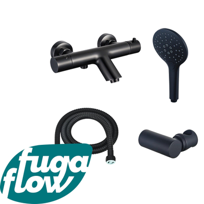 FugaFlow Eccelente Sobrado Badkamer Thermostatische badkraan met ronde handdouche, handdouchehouder en metalen doucheslang mat zwart