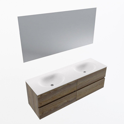 Mondiaz VICA ensemble de meuble de salle de bain - 150cm - meuble sous-vasque marron foncé gris - 4 tiroirs - lavabo lune double - sans trous de robinet - couleur talc - miroir LED - version XL 60cm de haut