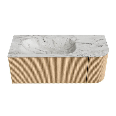 MONDIAZ KURVE-DLUX 115cm Meuble salle de bain avec module 25 D - couleur Oak - 1 tiroir - 1 porte - vasque BIG SMALL gauche - sans trou de robinet - couleur Glace