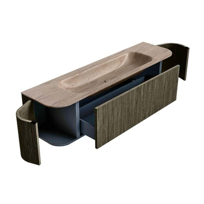 MONDIAZ KURVE-DLUX Meuble de salle de bains 170cm arrondi Gauche + Droite couleur Shadow avec 1 tiroir et 2 portes. Lavabo BIG LARGE Milieu 1 trou de robinet Saba.
