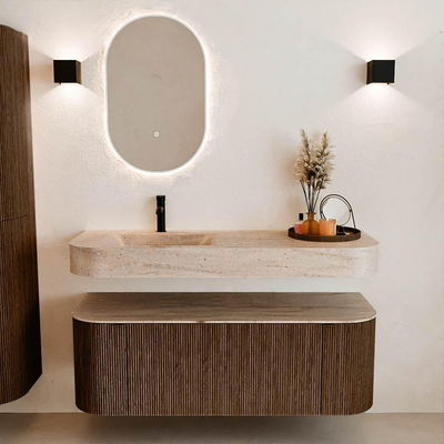 MONDIAZ THOR-DLUX 130cm meuble de salle de bains arrondi gauche + droite couleur Walnut avec 1 tiroir et 2 portes. Vasque suspendue CLOUD Gauche 1 trou de robinet couleur Saba.