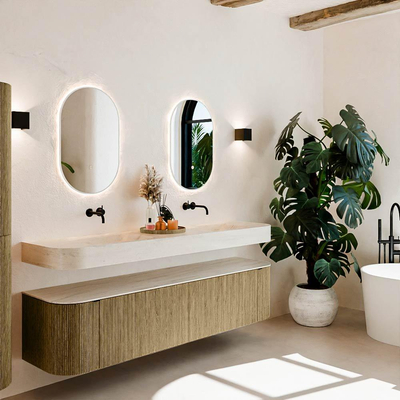 MONDIAZ THOR-DLUX Meuble de salle de bains 190cm arrondi gauche + droite couleur Dusk avec 2 tiroirs et 2 portes. Vasque suspendue CLOUD Double sans trou de robinet couleur Meli.