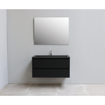 Basic Bella Badkamermeubelset - 100x55x46cm - 1 wasbak - Acryl - Zwart - 1 kraangat - Wandspiegel zonder verlichting - Melamine Zwart mat