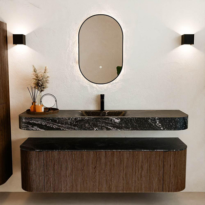 MONDIAZ THOR-DLUX 160cm meuble de salle de bains arrondi gauche + droite couleur Walnut avec 1 tiroir et 2 portes. Vasque suspendue CLOUD Milieu 1 trou de robinet couleur Lava.