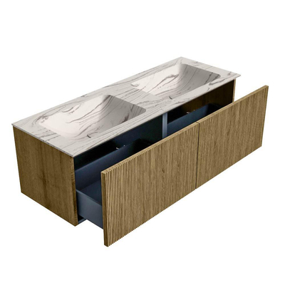 MONDIAZ KURVE-DLUX 130cm badmeubel kleur Dusk met 2 lades en 0 deuren. Wastafel LEAF Dubbel zonder kraangat Nata.