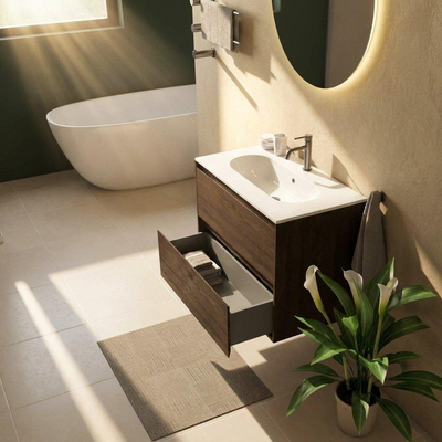 Saniclass Holz Pure Ensemble meuble de salle de bains - 80x45x73.9cm - Vasque en céramique Chaci blanche - 1 vasque - 1 trou de robinet - 2 tiroirs - chêne charcoal mat (bois)
