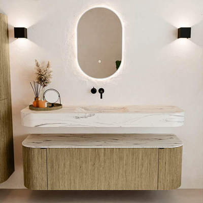 MONDIAZ THOR-DLUX 150cm meuble de salle de bains arrondi gauche + droite couleur Dusk avec 1 tiroir et 2 portes. Vasque suspendue CLOUD Milieu sans trou de robinet couleur Nata.