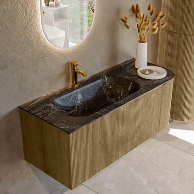 Mondiaz KURVE-DLUX Badkamermeubelset - 115x46x40cm - 1 lade - 1 deur - wastafel solid surface - links - 1 kraangat - Dusk