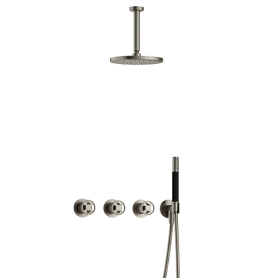 Hotbath Cobber @Work Regendoucheset - inbouw - 15cm plafondarm - 20cm ronde hoofddouche - staafhanddouche - Geborsteld nikkel