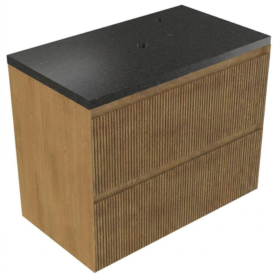 Saniclass Holz Atelier Ensemble meuble de salle de bains - 80x45x63cm - Plan vasque en basalte Noche poli (noir) - 1 trou de robinet - 2 tiroirs - chêne naturel mat (bois)