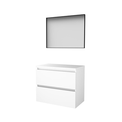 Basic-Line Framed 46 badkamermeubelset - 80x46cm - greeploos - 2 lades - wastafelblad - Spiegel - mat zwart aluminium frame - rondom - MDF lak Ice White