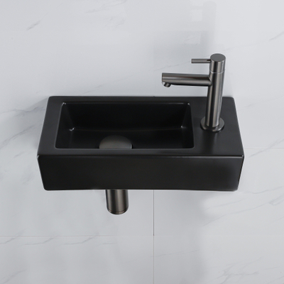 QeramiQ Lave-mains Kit lave-mains - 37.5x18.5x9cm - céramique - trou de robinet à droite - robinet lave-mains gunmetal - bonde de vidage - siphon abaissé - Mat Noir