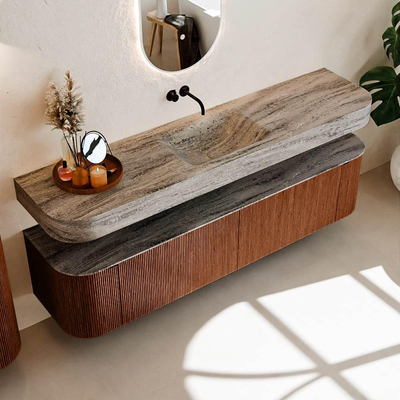 MONDIAZ THOR-DLUX 190cm meuble de salle de bains arrondi gauche + droite couleur Ruby avec 2 tiroirs et 2 portes. Vasque suspendue CLOUD Milieu sans trou de robinet couleur Oza.