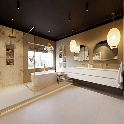 MONDIAZ VICA-DLUX Ensemble meuble de salle de bains - 200cm - meuble bas talc - 4 tiroirs - lavabo encastré cloud double - sans trous de robinet - version haute 60cm - frape