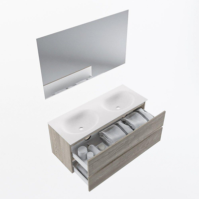 Mondiaz VICA ensemble de meuble de salle de bain - 120cm - meuble sous-vasque marron clair gris - 2 tiroirs - lavabo lune double - 2 trous de robinet - couleur talc - miroir LED - version XL 60cm de haut