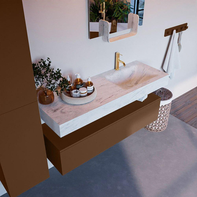 Mondiaz ALAN-DLUX Ensemble de meuble - 130cm - meuble Rust mat - 1 tiroir - Lavabo Cloud Opalo suspendu - vasque Droite - 1 trou de robinet