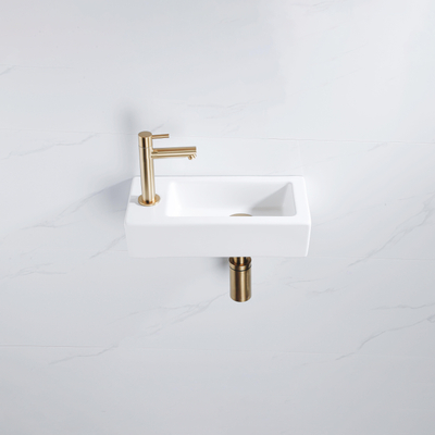 QeramiQ Fuente pack lave-mains – 37,5 x 18,5 x 9 cm – céramique blanc mat – perçage à gauche – robinet doré brossé
