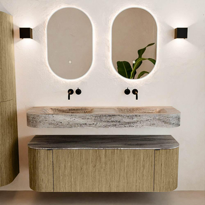 MONDIAZ THOR-DLUX Meuble de salle de bains - 140cm - arrondi gauche + droite - couleur Dusk - 1 tiroir et 2 portes - Vasque suspendue CLOUD Double sans trou de robinet - couleur Oza