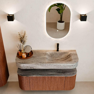 MONDIAZ THOR-DLUX 120cm meuble de salle de bains arrondi gauche + droite couleur Ruby avec 1 tiroir et 2 portes. Vasque suspendue CLOUD Droite 1 trou de robinet couleur Oza.