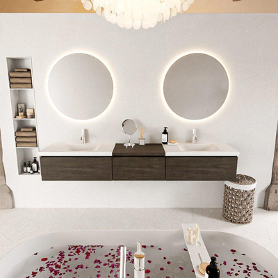 MONDIAZ BUKLA 220cm ensemble de meuble avec module 60 couleur Marron foncé avec 3 tiroirs. Lavabo CLOUD double 2 trous de robinet couleur Talc.