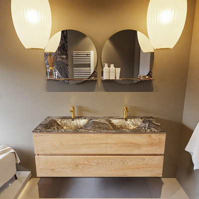 Mondiaz VICA-DLUX ensemble de meuble de salle de bain - 130cm - meuble sous-vasque chêne blanchi - 2 tiroirs - lavabo encastré cloud double - 2 trous de robinet - miroir modèle spot - version XL 60cm de haut - lave