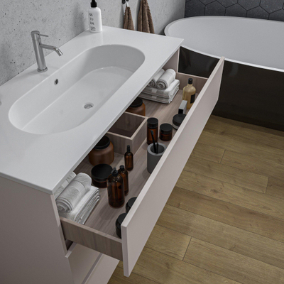 Saniclass Chaci PLUS Ensemble meuble de salle de bains - 100x86x46cm - lavabo en céramique blanc - 1 vasque ovale - 1 trou de robinet - 3 tiroirs - miroir rectangulaire - cotton mat (beige)