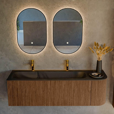 MONDIAZ KURVE 145cm Meuble salle de bain avec module 25 D - couleur Walnut - 1 tiroir - 1 porte - vasque BIG LARGE gauche - 2 trous de robinet - Urban