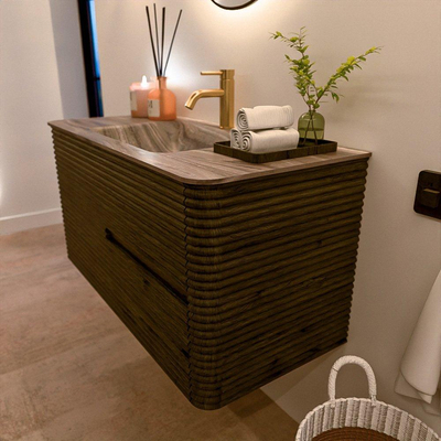 Mondiaz CIRO-DLUX Badkamermeubelset - 100x45x50cm - Solid surface wastafel Sombra - 1 wasbak Midden - 1 kraangat - 2 lades - Shadow