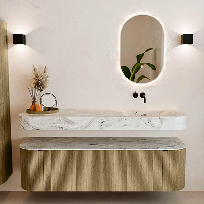 MONDIAZ THOR-DLUX 160cm meuble de salle de bains arrondi gauche + droite couleur Dusk avec 1 tiroir et 2 portes. Vasque suspendue CLOUD Droite sans trou de robinet couleur Glace.