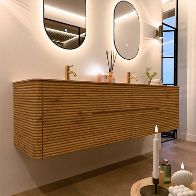 Mondiaz CIRO-DLUX Meuble de salle de bains - 180x45x50cm - Plan-vasque solid surface Arena - 2 vasques Double - 2 perçages de robinetterie - 4 tiroirs - Chêne