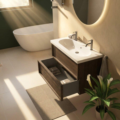 Saniclass Holz Frame Ensemble meuble de salle de bains - 100x45x63.5cm - lavabo en céramique Palermo blanc - 1 vasque - 2 trous de robinetterie - 2 tiroirs - chêne charcoal mat (bois)