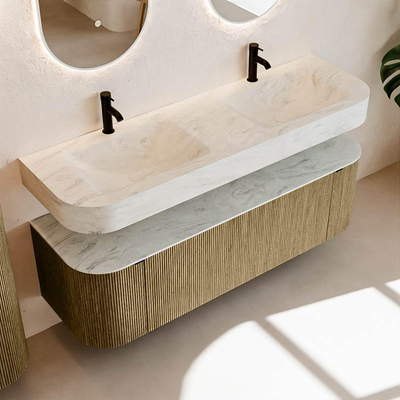 MONDIAZ THOR-DLUX 150cm meuble de salle de bains arrondi gauche + droite couleur Dusk avec 1 tiroir et 2 portes. Vasque suspendue CLOUD Double 2 trous de robinet couleur Opalo.