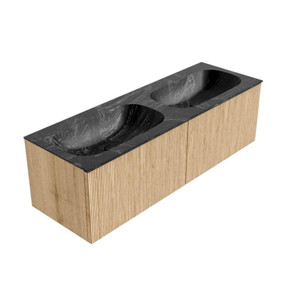 MONDIAZ KURVE-DLUX 140cm badmeubel kleur Oak met 2 lades. Wastafel STOR SMALL dubbel 2 kraangaten kleur Lava.