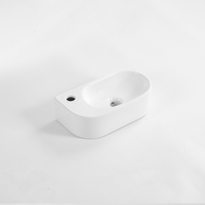 FugaFlow Eccelente Pietra Fontaine - 40x22x12cm - Gauche - Lisse - Demi-ronde - 1 trou de robinet - Céramique - Blanc Brillant