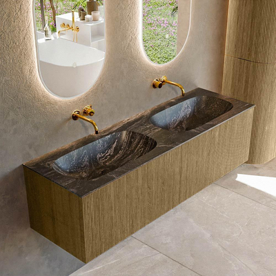 Mondiaz KURVE-DLUX Ensemble de meuble de salle de bains - 150x46x40cm - 2 tiroirs - vasque solid surface - double - sans trou de robinet - Dusk